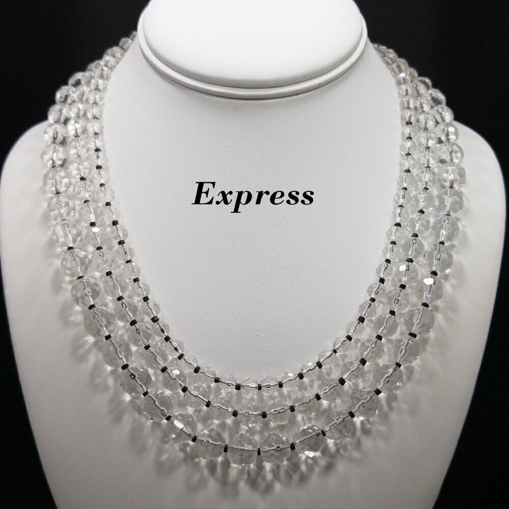 Vintage Express Clear Glass 3 Strand Necklace, Black Seed Bead Accents, 19 Inch